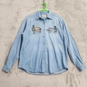 Vintage Northern Treasures Shirt Womens S/P Blue Denim Embroidered Cottagecore
